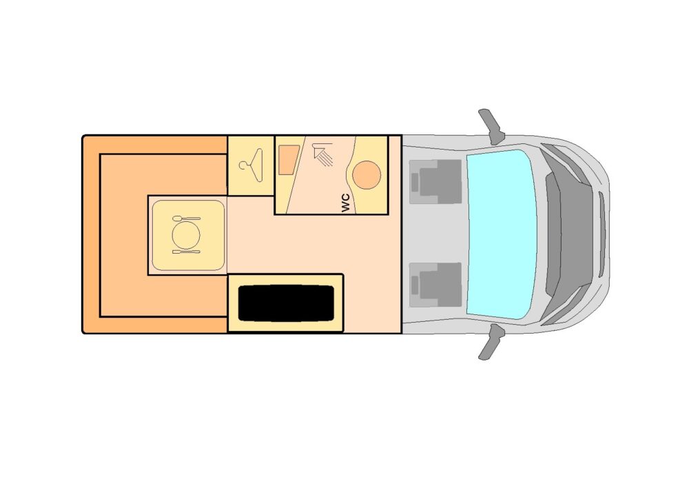 Plano con vista superior de autocaravana pequeña modelo Boston