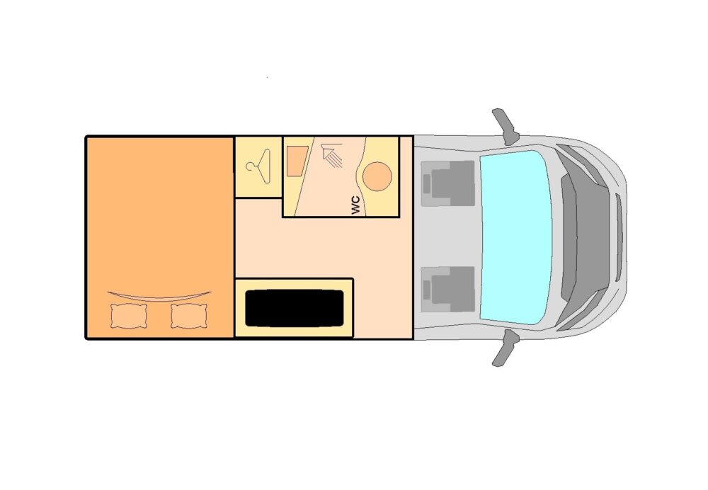 Plano con vista superior con cama extendida de autocaravana pequeña modelo Boston