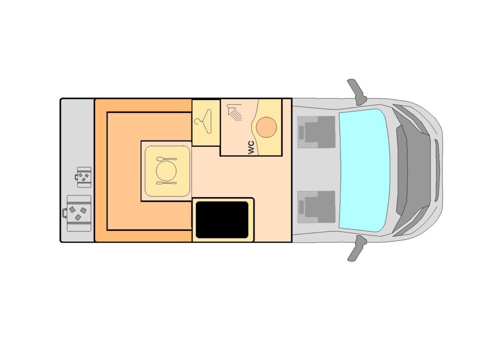 Plano con vista superior de camper L2H2 modelo URBAN MAXI