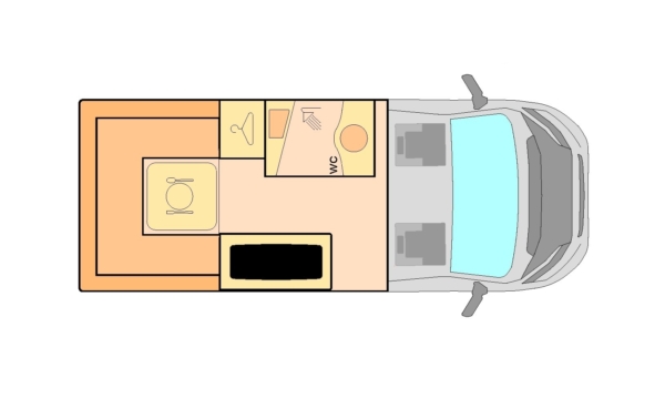 Plano con vista superior de autocaravana pequeña modelo Boston