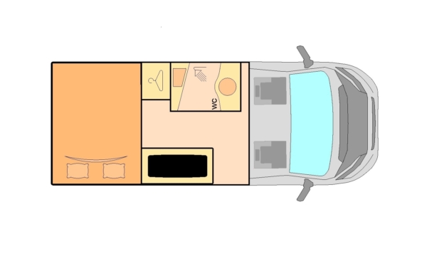 Plano con vista superior con cama extendida de autocaravana pequeña modelo Boston