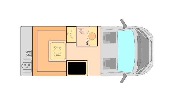Plano con vista superior de camper L2H2 modelo URBAN MAXI